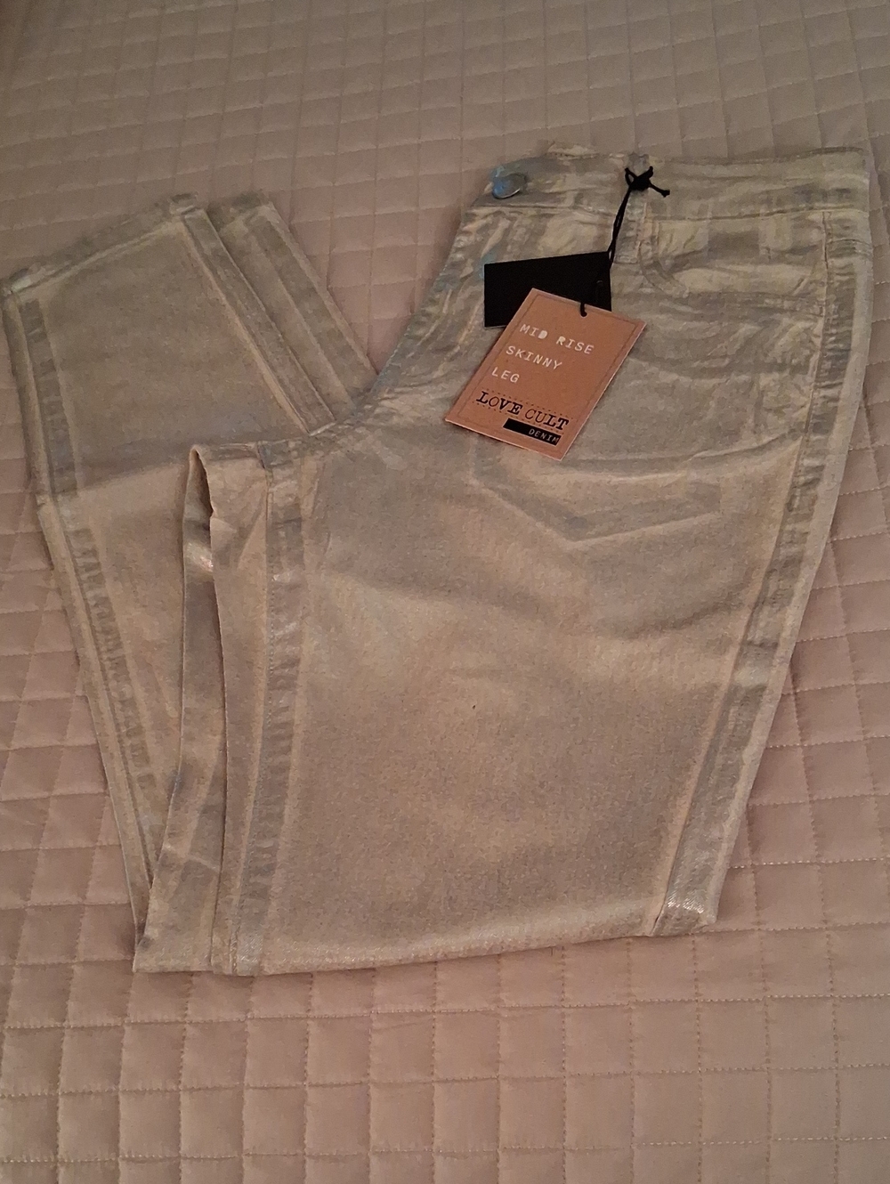 Womens Mid Rise Skinny Leg Jeans in Metallic Silver 28/28